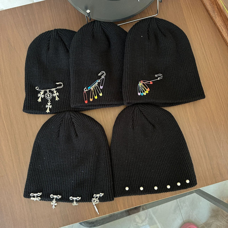 Y2k hot girl hat heavy industry pin cross knitting hat heattech ear protection cold hat men