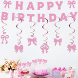 Themed Party Supplies Pink Bow Party Decoration Set – Birthday Banner, Hanging Swirls, Glitter Bow Toppers & Cake Decorations