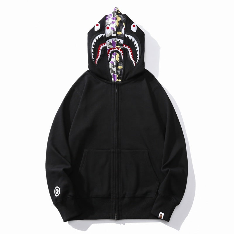 Bathing Ape Hoodie Shark Head Double Hood Camouflage Hooded Sweater Men's Autumn and Winter Cardigan Zipper Casual Couple Jacket