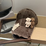 Y2k hot girl hat heavy industry two bears doll baseball cap ripped sunshade peaked cap