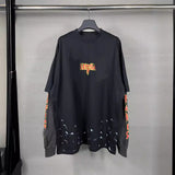 Men T-shirts Paris Lightning Printing Washed Old Splicing Long Sleeve T-Shirt