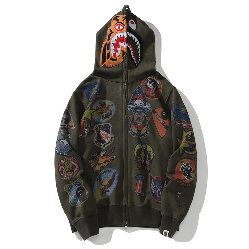 Bathing Ape Hoodie 15th Anniversary Hooded Sweater Men's Autumn and Winter Fleece Cardigan Zipper Shark Head Jacket