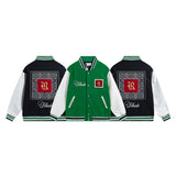 Rhude Jacket Letter Patch Embroidered Splicing Leather Sleeve Baseball Jacket