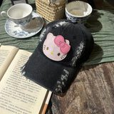 Y2k hot girl hat heavy industry washed ripped denim sun visor baseball cap cartoon kt cat peaked cap