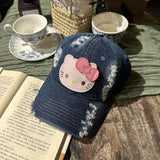 Y2k hot girl hat heavy industry washed ripped denim sun visor baseball cap cartoon kt cat peaked cap