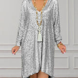 Women Party Dress Casual Solid Color Loose Sequins Shirt Dress (Ss0416)