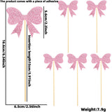 Themed Party Supplies Pink Glitter Paper Bow Cake Picks – Girl’s Birthday Party Bow Theme Cake Toppers