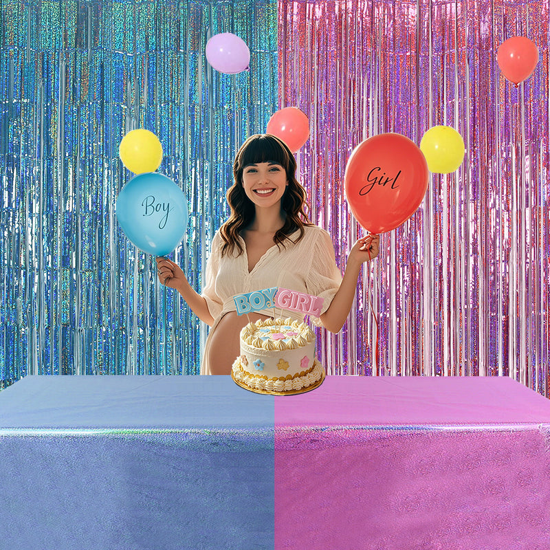 Themed Party Supplies Gender Reveal Foil Fringe Curtain & Tablecloth Set – Baby Boy & Girl Party Decorations