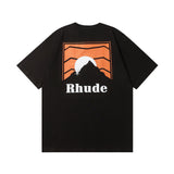 Rhude T Shirt Striped Sunset Snow Mountain Print Short Sleeve T-Shirt