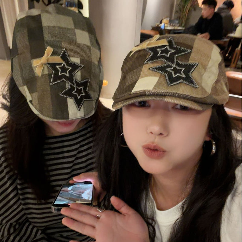 Y2k hot girl hat heavy industry five-pointed star plaid forward hat easiest for match sunshade duck tongue beret