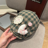 Y2k hot girl hat heavy industry cartoon cat heart plaid women's reversible beret