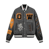Off White Jacket Spring OW Skull Decal Woolen Splicing Leather Sleeve Heavy Industry Embroidered Jacket
