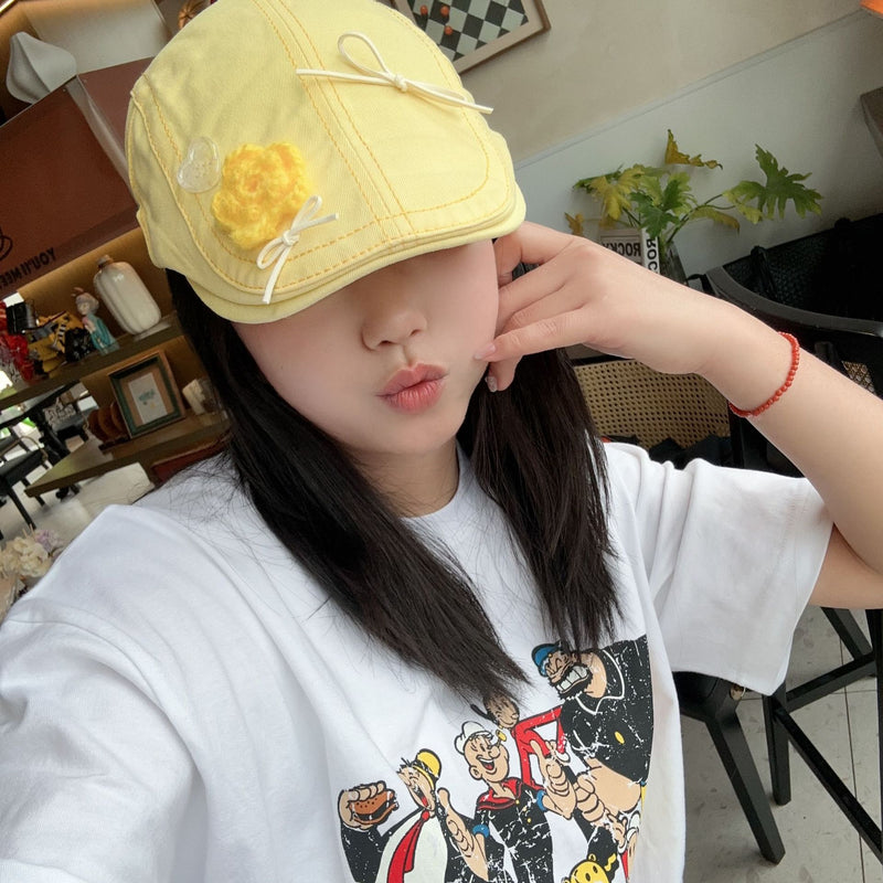 Y2k hot girl hat heavy industry macaron color bowsstereo flower forward hat dopamine travel sunshade beret