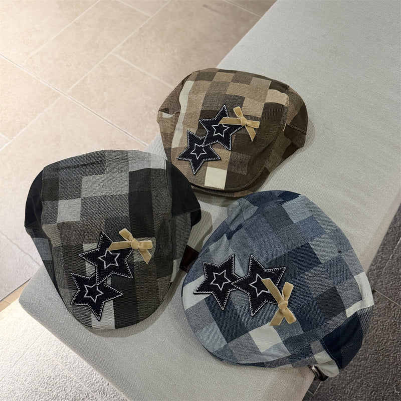 Y2k hot girl hat heavy industry five-pointed star plaid forward hat easiest for match sunshade duck tongue beret