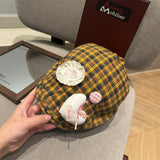 Y2k hot girl hat heavy industry cartoon cat heart plaid women's reversible beret
