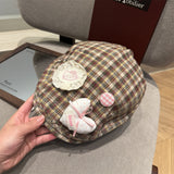 Y2k hot girl hat heavy industry cartoon cat heart plaid women's reversible beret