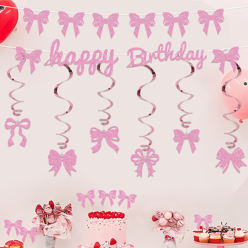 Themed Party Supplies Pink Bow Party Decoration Set – Birthday Banner, Hanging Swirls, Glitter Bow Toppers & Cake Decorations