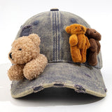 Y2k hot girl hat heavy industry stereobear doll baseball cap with holes washed sunshade duck tongue hat