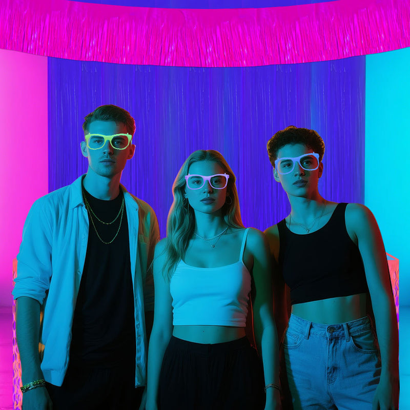 Themed Party Supplies Rain Curtain Banner Table Skirt Party Decoration Backdrop with Neon Glow Glasses Set