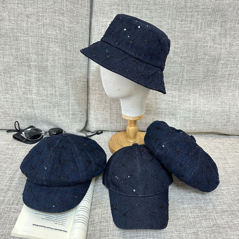 Y2k hot girl hat heavy industry beaded sequin bucket hat washed denim octagonal baseball cap