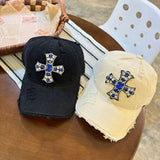 Y2k hot girl hat heavy industry rhinestone cross hole baseball cap casualeasiest for matchcouple duckbill cap men
