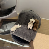 Y2k hot girl hat heavy industry two bears doll baseball cap ripped sunshade peaked cap