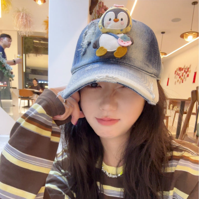 Y2k hot girl hat heavy industry washed denim ripped baseball cap cartoon penguin doll casual duck tongue hat