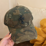 Y2k hot girl hat heavy industry camouflage distressed baseball cap with cross and wide brim
