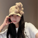 Y2k hot girl hat heavy industry stereo sitting bear doll baseball cap female brushed washed cartoon sunshade duckbill hat