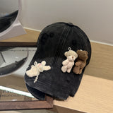Y2k hot girl hat heavy industry two bears doll baseball cap ripped sunshade peaked cap
