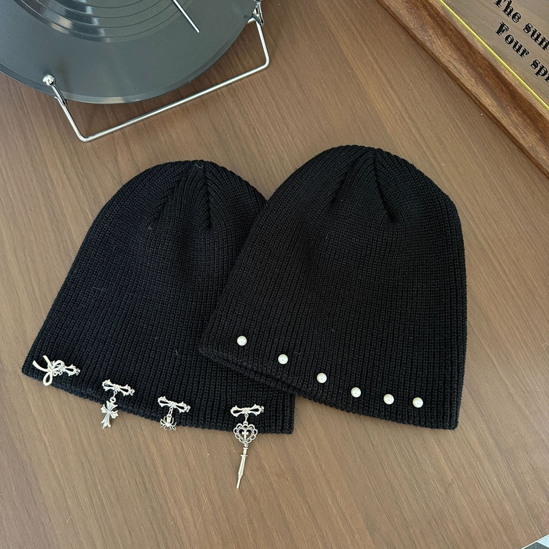 Y2k hot girl hat heavy industry pin cross knitting hat heattech ear protection cold hat men