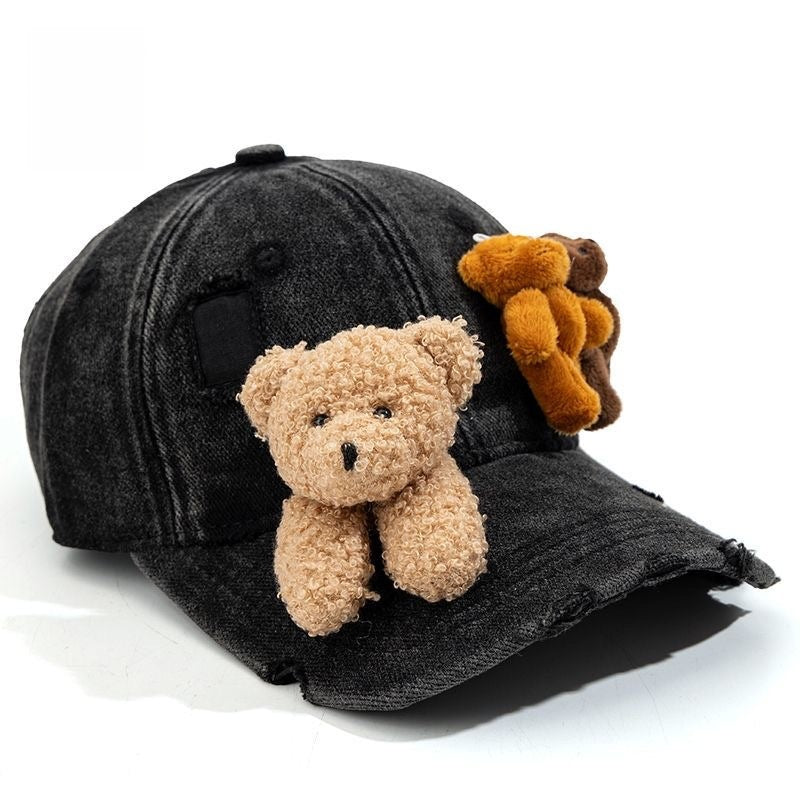 Y2k hot girl hat heavy industry stereobear doll baseball cap with holes washed sunshade duck tongue hat