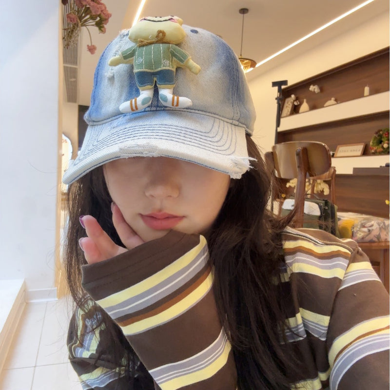 Y2k hot girl hat heavy industry washed denim ripped baseball cap cartoon penguin doll casual duck tongue hat