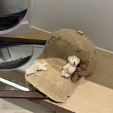 Y2k hot girl hat heavy industry two bears doll baseball cap ripped sunshade peaked cap