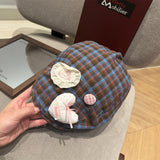 Y2k hot girl hat heavy industry cartoon cat heart plaid women's reversible beret