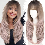 Women'S Wigs  Layered Straight Bangs Lace Front Wig