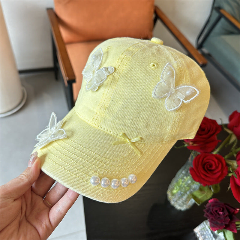 Y2k hot girl hat heavy industry pearl stereo butterfly yellow baseball cap outdoor travel sunshade peaked cap