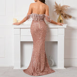 Women Party Dress Feather Sequins Evening Gown Banquet Dress (Ss0416)