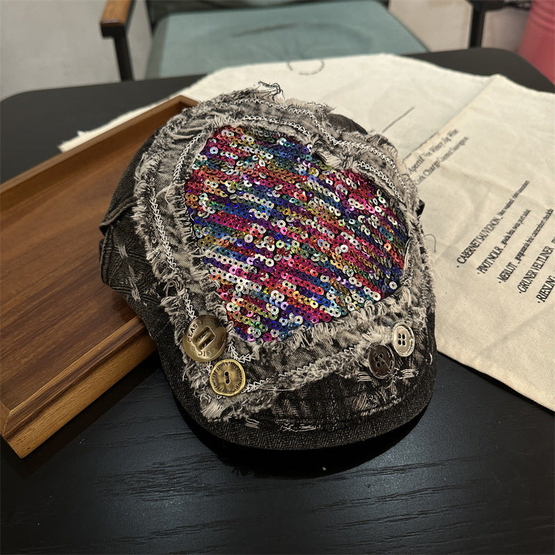 Y2k hot girl hat heavy industry sequin heart denim big head beret