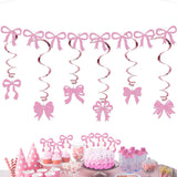 Themed Party Supplies Pink Bow Party Decoration Set – Birthday Banner, Hanging Swirls, Glitter Bow Toppers & Cake Decorations