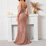 Women Party Dress Feather Sequins Evening Gown Banquet Dress (Ss0416)