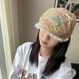 Y2k hot girl hat heavy industry grids pattern lacebows duck tongue beret