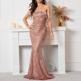 Women Party Dress Feather Sequins Evening Gown Banquet Dress (Ss0416)