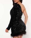 Women Party Dress Sequined Feather Evening Gown (Ss0416)