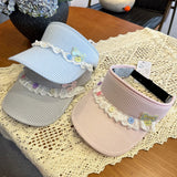 Y2k hot girl hat heavy industry cartoon lace button stripes empty top hat sun protection uv sun hat