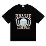 Rhude T Shirt Wheat Ear Sunset Beach Pattern Printed Short Sleeve T-Shirt