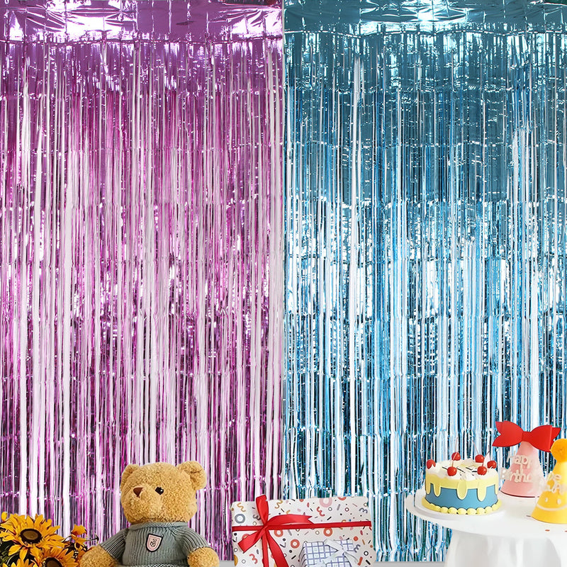 Themed Party Supplies Baby Gender Reveal Party Decoration Set – Shiny Pink & Blue Foil Curtain and Tablecloth