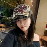 Y2k hot girl hat heavy industry sequin heart denim big head beret