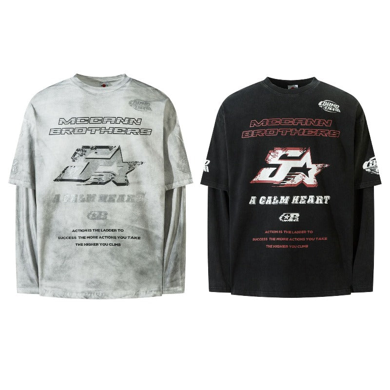 Men long sleeved shirt retrospring & fallmen's old washed fake two-piece for men and women