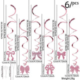 Themed Party Supplies Pink Bow Party Decoration Set – Birthday Banner, Hanging Swirls, Glitter Bow Toppers & Cake Decorations